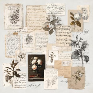 Könnte beinhalten: Eine Collage aus Vintage-Ephemera mit botanischen Illustrationen und handschriftlichem Skript. Die Anordnung umfasst gealterte Papierfragmente, Blumenskizzen und ein Gemälde von Rosen, wodurch eine nostalgische und künstlerische Ästhetik entsteht.