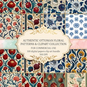 May include: A collection of digital papers featuring authentic Ottoman floral patterns. The designs showcase a variety of flowers in shades of red, blue, yellow, and cream. The image includes the text "AUTHENTIC OTTOMAN FLORAL PATTERNS & CLIPART COLLECTION".