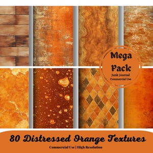Può includere: Una collezione di 80 texture arancioni invecchiate, tra cui venature del legno, disegni screziati e a motivi. L'immagine presenta una varietà di sfondi arancioni e marroni con il testo "Mega Pack" e "80 Distressed Orange Textures". Uso commerciale e alta risoluzione.