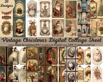 20  Vintage Christmas Digital Collage Sheet Download - Digital Paper , Printables DIGITAL