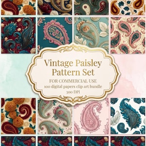 May include: A collection of vintage paisley pattern designs in various colors, including teal, burgundy, and gold. The patterns feature floral and ornamental elements. Text on the image reads "Vintage Paisley Pattern Set" and "FOR COMMERCIAL USE".
