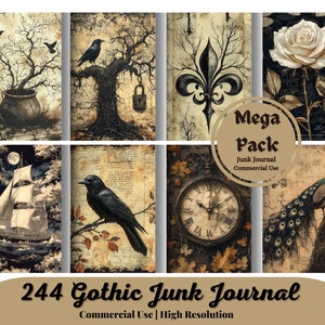 244 Spooky Forest-pagina's, junkjournal, plakboekpapier, digitaal papier, halloween, gothic, skeletten, bossen, verouderd oud papier, collage, script