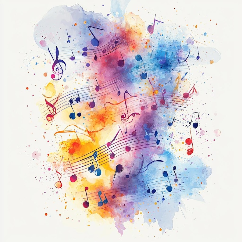 May include: Abstract watercolor painting with musical notes and a colorful background. The notes are in black and the background is a mix of blue, purple, orange, and yellow.