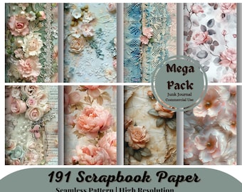 May include: A collection of scrapbook papers with floral and lace designs in soft pastel colors. The papers feature roses, peonies, and other flowers. The text "Mega Pack" and "191 Scrapbook Paper" are also visible.