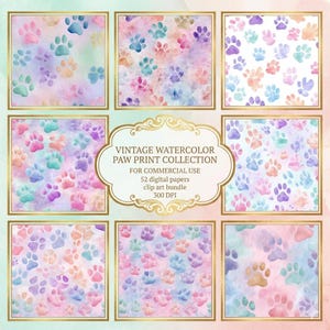 May include: A collection of watercolor paw print designs in various pastel colors, including pink, blue, purple, and peach. The image features multiple square patterns with gold borders and text that reads "VINTAGE WATERCOLOR PAW PRINT COLLECTION".