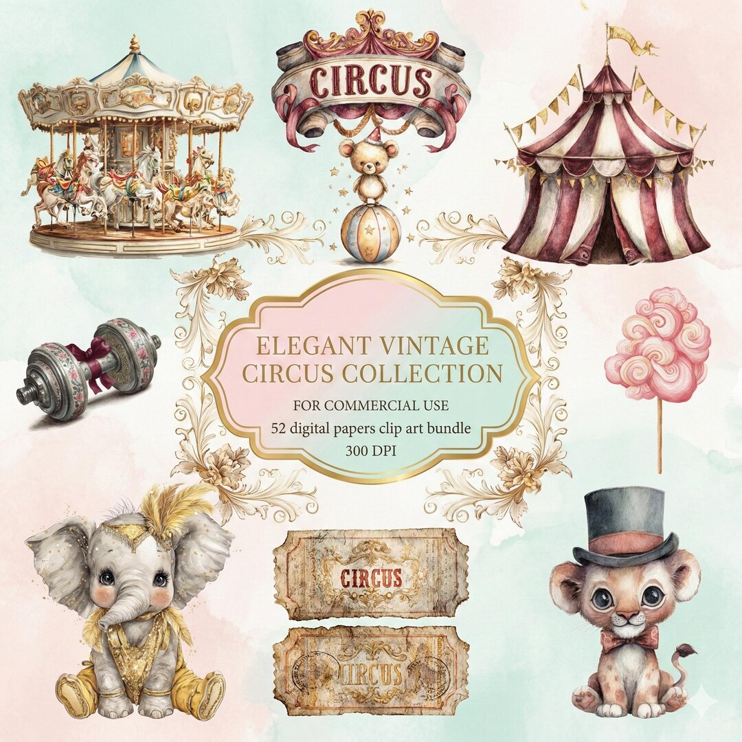 Vintage Circus Carnival Watercolor Clipart Set | Baby Animals & Retro ...