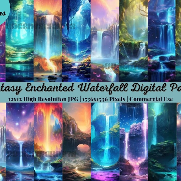 20 Printable Fantasy Waterfall Digital Paper,Mountain River Background, Magical Nature Landscape Backdrop,Download Junk Journal,Scrapbooking