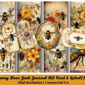 May include: A collection of vintage-style cards and labels featuring honey bees and floral designs. The set includes various shapes and sizes, with a distressed, aged paper aesthetic. Text on the cards reads "25 Honey Bees Junk Journal Kit Card & Label (Set-2)".
