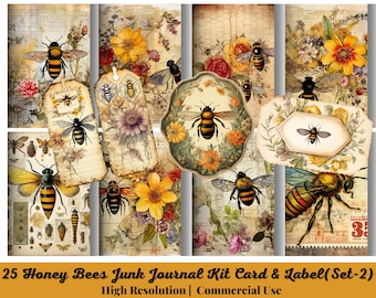 25 Honey Bees Junk Journal Kit, kaart, label, afdrukbare kit, vintage, bijenkaart & label, collagebladen, scrapbookbenodigdheden, digitale download