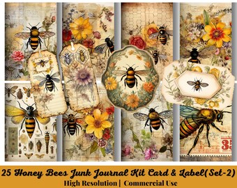 25 Honey Bees Junk Journal Kit, Card, Label, Printable Kit, Vintage, Bee Card & Label, Collage Sheets, Scrapbook Supplies, Digital Download