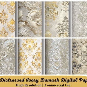 39 Distressed Ivory Damask Digital Paper, rustic vintage textured paper, scrapbooking grunge textures white and beige paper instant download
