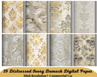 Könnte beinhalten: Eine Sammlung digitaler Papiere mit distressed elfenbeinfarbenen Damastmustern in Gold, Creme und Grau. Die Designs umfassen florale und verzierte Rankenmuster, wobei einige Papiere geprägte Texturen aufweisen. Der Text unten lautet "39 Distressed Ivory Damask Digital Paper".