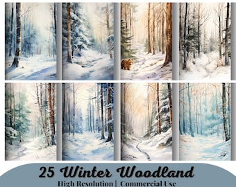 25 Printable Winter Woodland Landscape Digital Paper, Winter Wonderland Scenes, Snowy Forest Pages, Junk Journal, Scrapbooking, Card Making