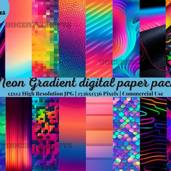 26 Neon Gradient digital paper pack, digital background, scrapbook paper, ombre paper, bright colors, ombre background, rainbow backdrop