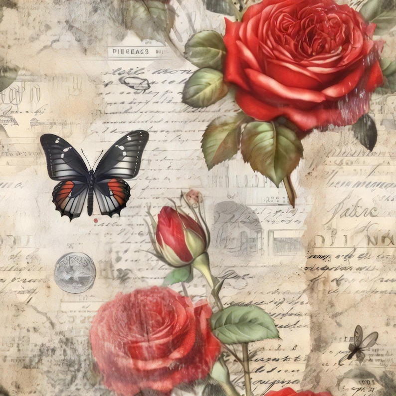 K&ouml;nnte beinhalten: Ein Design im Vintage-Stil mit einer roten Rose, einem Schmetterling und handschriftlichem Schriftzug auf beigem Hintergrund. Der Schmetterling hat schwarz-wei&szlig;e Fl&uuml;gel mit roten Akzenten. Die Rose bl&uuml;ht voll, mit gr&uuml;nen Bl&auml;ttern.