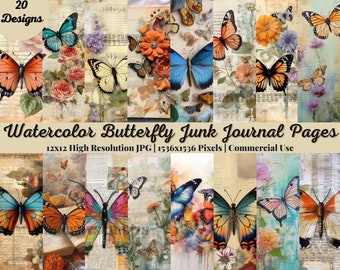 20 Watercolor Butterfly Junk Journal Pages, Vintage Butterfly Junk Journal Kit, Junk Journal Paper, Digital Collage Sheet, Instant Download