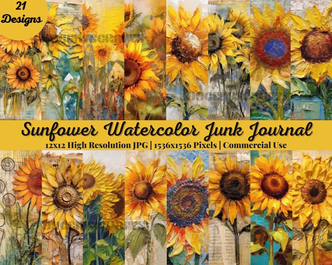 21 Sunflower Watercolor Junk Journal Kit, Vintage Ephemera, Floral ...