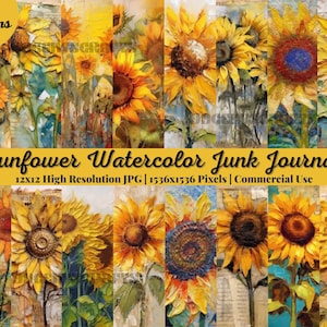 21 Sunflower Watercolor Junk Journal Kit, Vintage Ephemera, Floral Papers, Collage Sheet, Insert, Instant Download, Digital Folder
