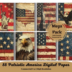 Papel digital vintage patriótico americano, itens efêmeros americanos de 4 de julho, kit de diário grunge com estrelas e listras, scrapbooking, criação de cartões