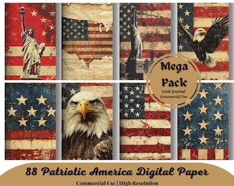 Vintage Patriotic America Digital Paper, 4th of July Americana Ephemera, Stars and Stripes Grunge Journal Kit, Scrapbooking, Card Making