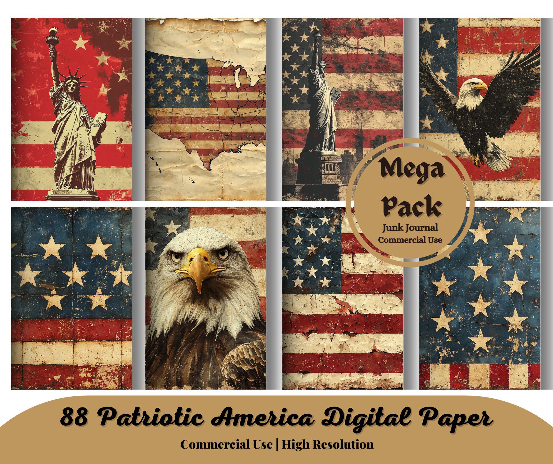 Vintage Patriotic America Digital Paper, 4th of July Americana Ephemera ...
