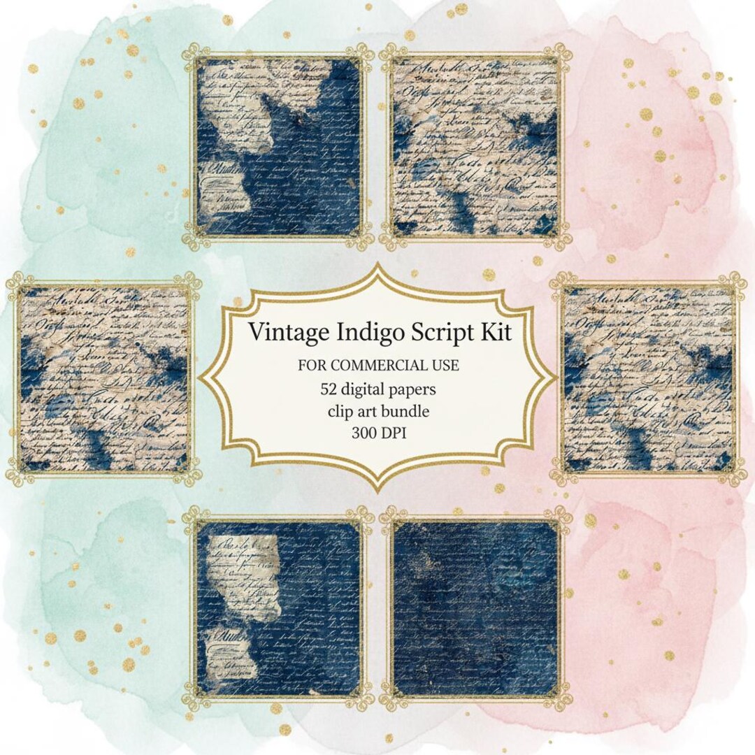 Indigo Vintage Script Digital Paper | Antique Handwriting Pattern ...