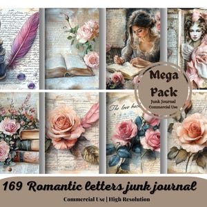 Diário de lixo de cartas românticas, cartas manuscritas, diário digital de rosas cor-de-rosa, papel de scrapbooking vitoriano, colagem de cartas vintage