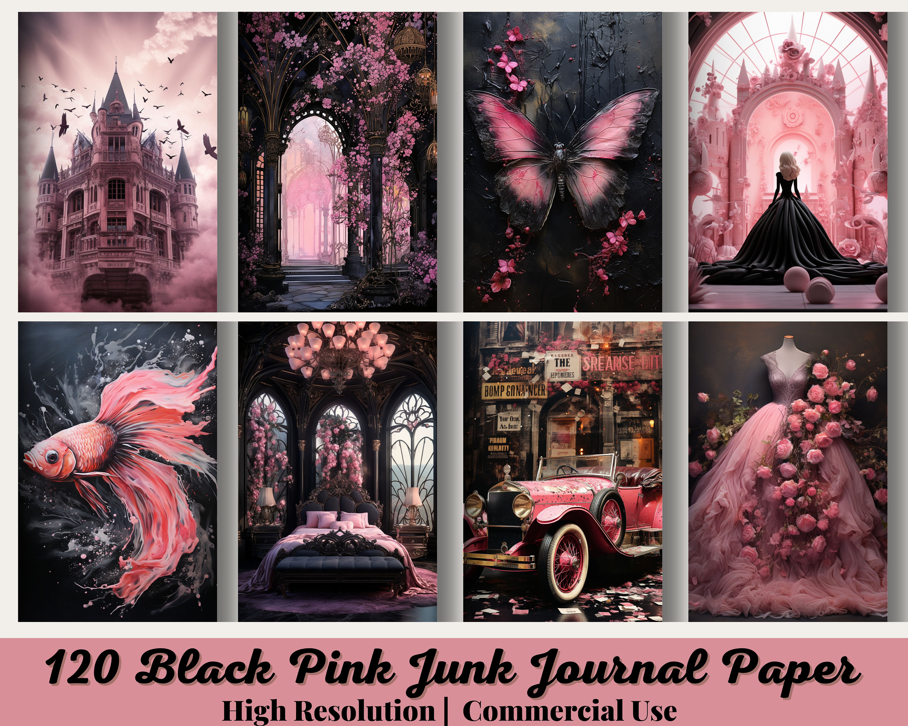 120 Big Bundle, Black Pink Junk Journal Paper, Digital Download, Watercolor, Mixed Media, Flowers, Princess, Swan, Music, Dark