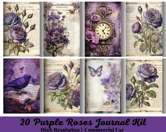 20 Junk Journal, Purple, Roses, Garden, Flowers, Lavender, Vintage, Butterflies, Ephemera, Kit, Printable, Digital Download