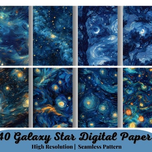 40 Van Gogh Galaxy Star Digitaal papier, naadloos patroon, luchtpatroon. Maan clipart, nachtpapier Aquarel digitaal papier Gratis commercieel gebruik