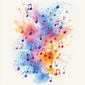 May include: Abstract watercolor background with colorful musical notes and splashes of paint. The notes are arranged in a swirling pattern, creating a sense of movement and energy.