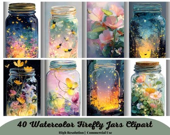 40 Watercolor Firefly Jars Clipart, fantasy, fireflies, firefly Jars, PNG format instant download for commercial use