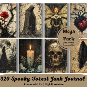 320 Spooky Forest-pagina's, junkjournal, plakboekpapier, digitaal papier, halloween, gothic, skeletten, bossen, verouderd oud papier, collage, script
