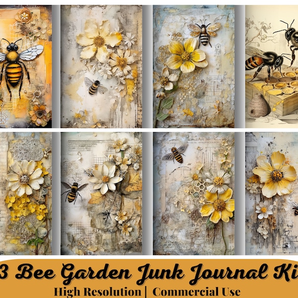 23 Junk Journal Watercolor Bee Garden, Printable Kit, Vintage, Bee, Journal Ephemera, Collage Sheets, Scrapbook Supplies, Digital Download