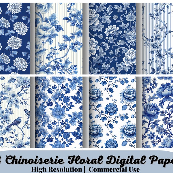 48 Chinoiserie Floral Digital Paper, seamless French flower patterns, blue and white, Chinese, sublimation decoupage photography backdrop