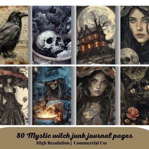80 páginas de diário de bruxa mística, kit de papel para scrapbook digital, imprimível assustador, folha de colagem gótica, itens efêmeros da Wicca, bruxaria vintage
