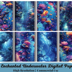 48 Enchanted Underwater Digital Paper, Fundo sob o mar, Cenário de paisagem natural do oceano, Baixar diário de lixo, Scrapbooking