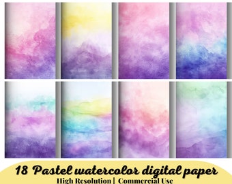 18 Pastel watercolor digital paper, pastel ombre wallpaper, pastel gradient, pastel rainbow paper, pink pastel background, pastel wedding