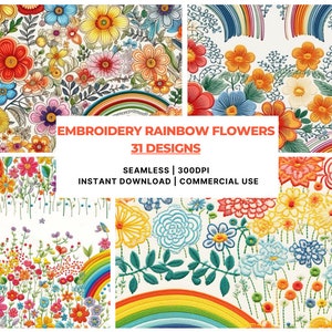 May include: 31 embroidery designs featuring colourful rainbow flowers and rainbows. Seamless patterns, 300dpi, instant download, commercial use.