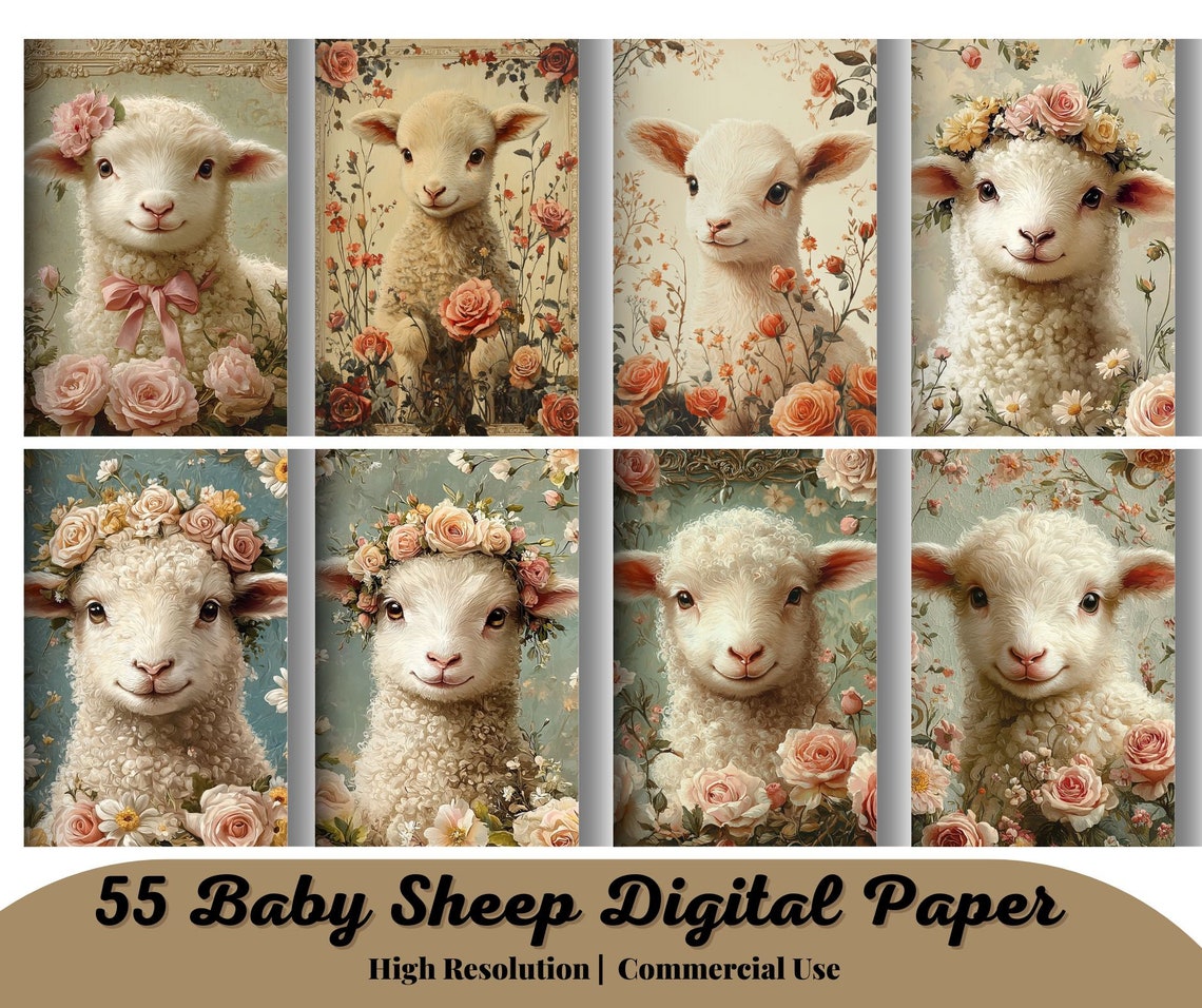 55 Baby Sheep Digital ATC Cards Printable Easter Lamb Junk Journal Kit