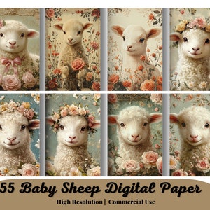 55 Baby Sheep Digital ATC Cards - Kit diario di Pasqua stampabile con agnello, pacchetto di effimeri decoupage shabby chic, tag di arte alterata con animali da fattoria