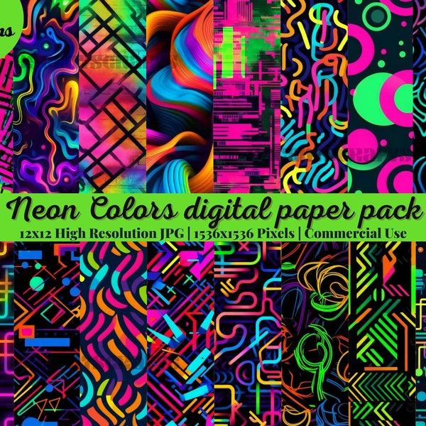 22 Neon Colors digital paper pack, bright colors scrapbook paper, digital background, rainbow paper, 90s colorful papers, instant download