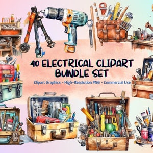 May include: Watercolor illustration of an electrical clipart bundle set. The image features various tools, toolboxes, and workers. The text "40 ELECTRICAL CLIPART BUNDLE SET" is displayed prominently. The image is labeled "Clipart Graphics - High-Resolution PNG - Commercial Use."