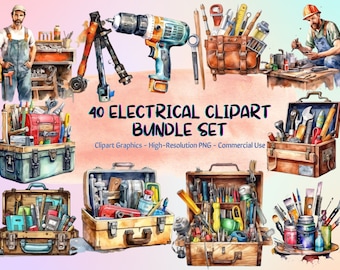 Paquete de 40 imágenes prediseñadas eléctricas, acuarela PNG, fondo transparente, sublimaciones de bricolaje, gráficos de herramientas, alta resolución, descarga instantánea