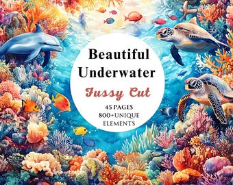 サンゴ礁の水彩画風切り抜きバンドル、海のサンゴ礁画像、美しい水中グラフィック、PNG、即時デジタルダウンロード、商用利用可能