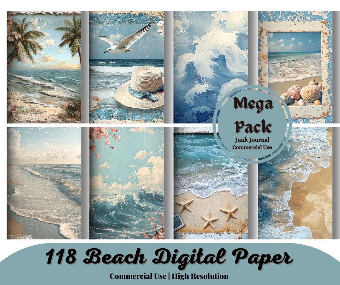 118 in Love With the Sea Digital Junk Journal Kit, Beach Collage ...