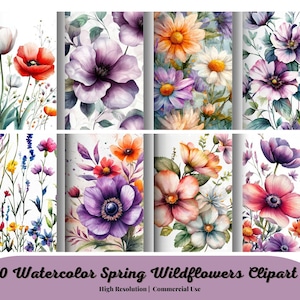 60 Watercolor Spring Wildflowers Clipart, floral PNG format instant download for commercial use