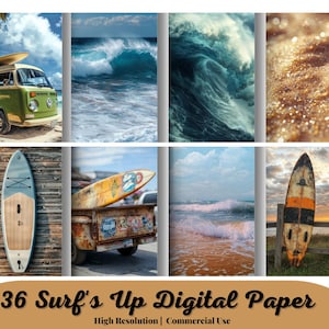 Kit de 36 papiers numériques Surf's Up, papiers numériques haute définition à TÉLÉCHARGEMENT INSTANTANÉ, papiers de scrapbooking texturés sur le thème de la plage