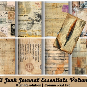May include: A collection of 23 digital papers featuring vintage textures and designs, including handwritten notes, musical scores, and old newspaper clippings. These high-resolution images are perfect for junk journaling, scrapbooking, and other creative projects.