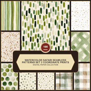 May include: A digital paper collection featuring 100 pages of watercolor safari seamless patterns and coordinate prints. The designs include green brushstrokes, polka dots, crosses, stars, plaid, and checkered motifs in shades of green and tan.
